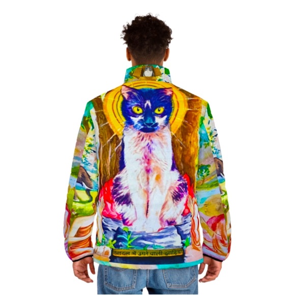 Pussycat Paradise Puffer - Zen Cat Worship Feline Buddha Artisan Quilted Jacket - Picture 4 of 12
